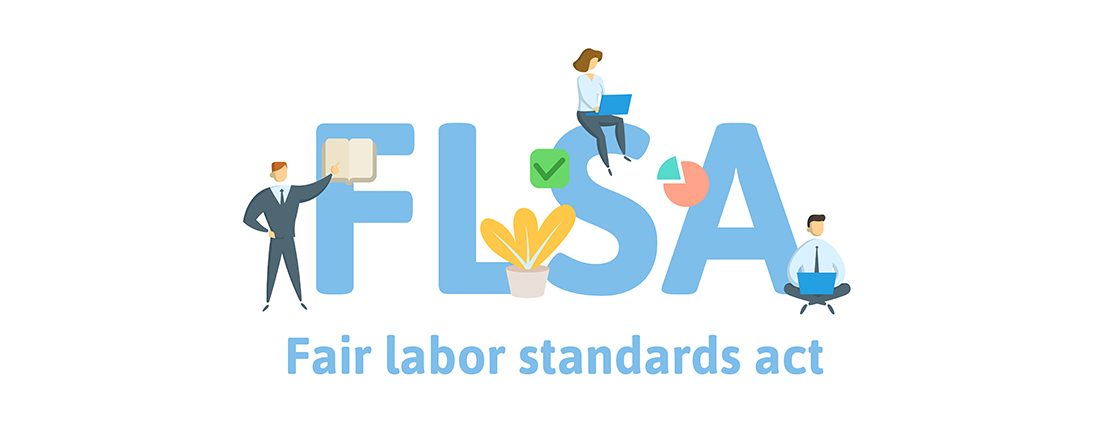 FLSA, Fair Labor Standards Act. Concept with keywords, letters and icons. Colored flat vector illustration. Isolated on white background.